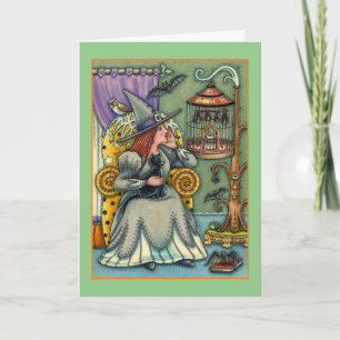 LOVELY WITCH, CAT, PETS, BAT CAGE, HALLOWEEN Verse Holiday Card