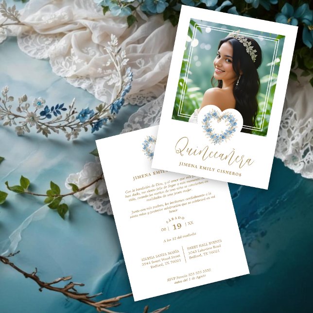 Lovely XVs Floral Blue & Gold Heart Shape Wreath  Invitation (Lovely Cute Spanish Quinceañera Floral Blue & Gold Heart Shape Wreath Invitations Cards.)