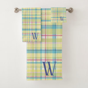 Lovely Yellow and Blue Plaid Monogram Bath Towel Set