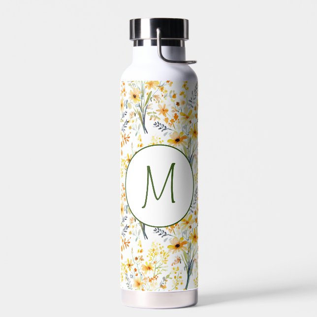 Lovely yellow spring wildflowers monogram water bottle (Left)
