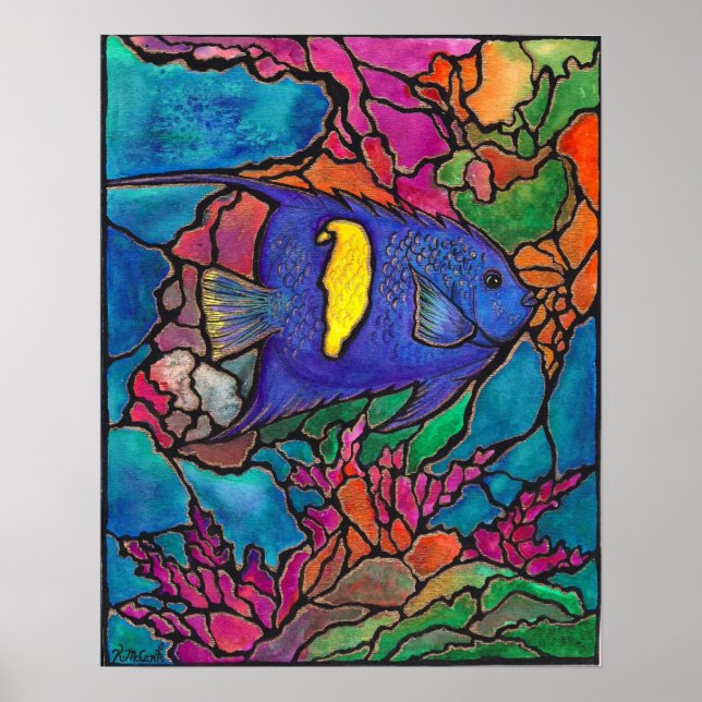 Lovely Yellowbar Angelfish Coral Reef Art Painting Poster (Front)