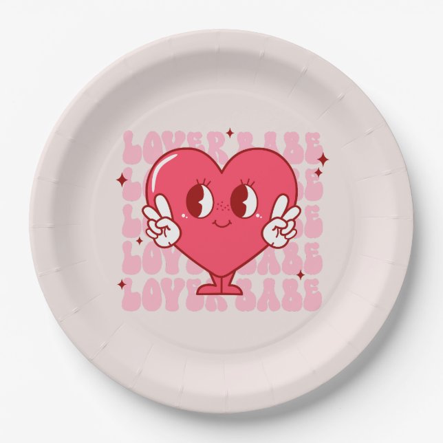 Lover Babe | Cute Smiling Heart & Repeating Text Paper Plate (Front)