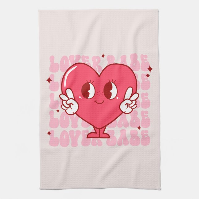 Lover Babe | Cute Smiling Heart & Repeating Text Tea Towel (Vertical)