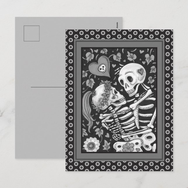 LOVERS AMONG THE IVY, SWEETHEART SKELETONS EMBRACE HOLIDAY POSTCARD (Front/Back)
