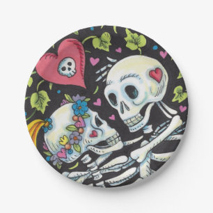 LOVERS AMONG THE IVY, SWEETHEART SKELETONS EMBRACE PAPER PLATE