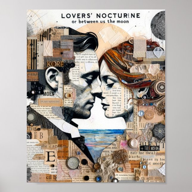 Lovers Between Us and the Moon Mixed Media Collage Poster (Front)