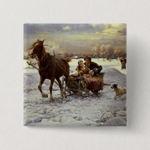 Lovers in a sleigh 15 cm square badge