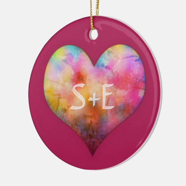 Lovers Initials Colourful Distressed Art Heart Ceramic Tree Decoration (Left)