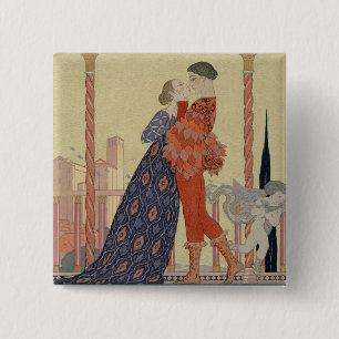 Lovers on a Balcony (w/c on paper) 15 Cm Square Badge