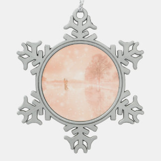 Lovers on a frozen pond snowflake pewter christmas ornament