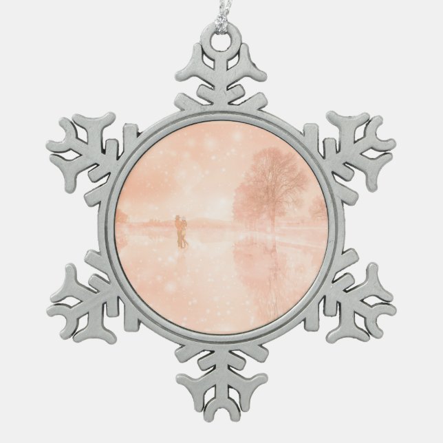 Lovers on a frozen pond        snowflake pewter christmas ornament (Front)