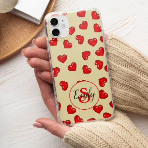 lovers Red heart on classy beige Custom Monogram iPhone 13 Pro Max Case