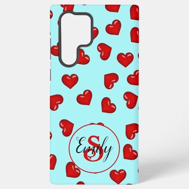 lovers Red heart pattern on Blue Custom Monogram Samsung Galaxy S22 Ultra Case (Back)