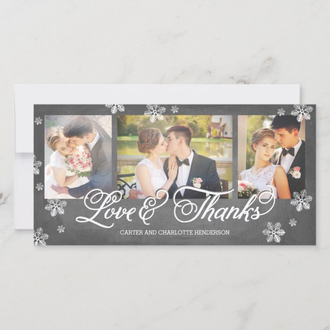 Loves and Thanks Chalkboard Snowflake 3-Photo Thank You Card (Front)