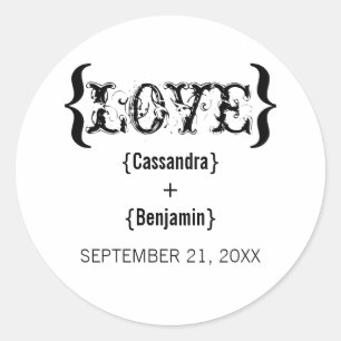 Love's Embrace Wedding Stickers, Black and White Classic Round Sticker