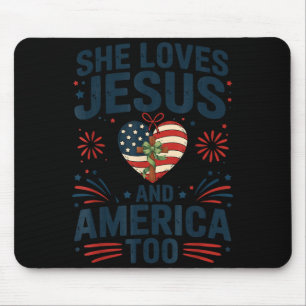 Loves jesus and america too american flag patrioti mouse mat