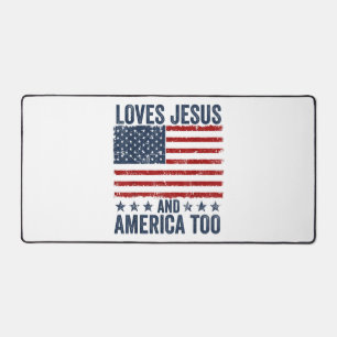 Loves Jesus and America Too God Christian 4th of J Desk Mat