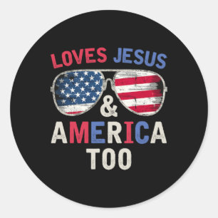 Loves Jesus And America Too Retro God Christian 4t Classic Round Sticker