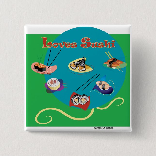 Loves sushi 15 cm square badge (Front)