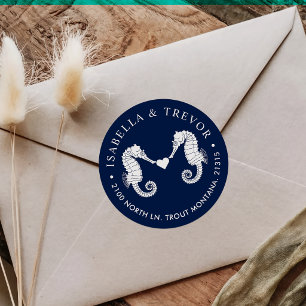 Love's Tide Dual Seahorse Navy Return Address Classic Round Sticker