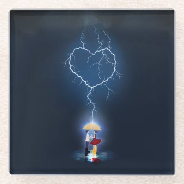 "Lovestruck" Romantic Moment Under an Umbrella Glass Coaster (Front)