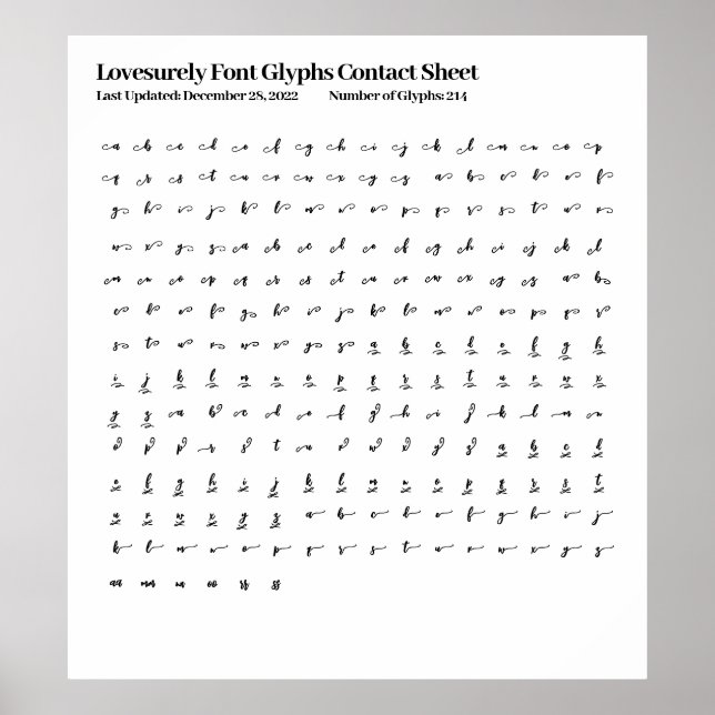 Lovesurely Font Glyphs Contact Sheet Poster (Front)