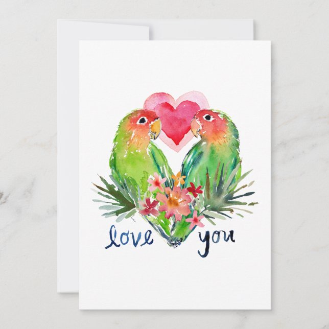 LOVEY LOVEBIRDS Tropical Watercolor Valentine Holiday Card (Front)