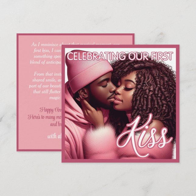 Loving African American Couple First Kiss Pink Holiday Card (Front/Back)