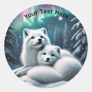 Loving Arctic Foxes Northern Lights Snowy Forest Classic Round Sticker