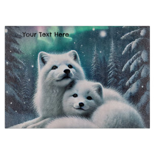 Loving Arctic Foxes Northern Lights Snowy Forest Cutting Board