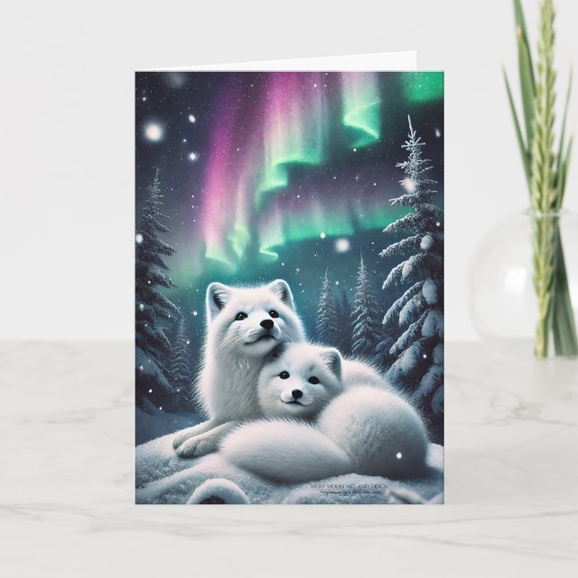 Loving Arctic Foxes Northern Lights Snowy Forest Holiday Card (Front)