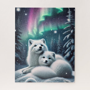 Loving Arctic Foxes Northern Lights Snowy Forest Jigsaw Puzzle