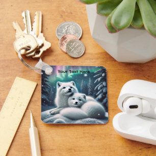 Loving Arctic Foxes Northern Lights Snowy Forest Key Ring