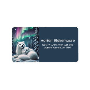 Loving Arctic Foxes Northern Lights Snowy Forest Label