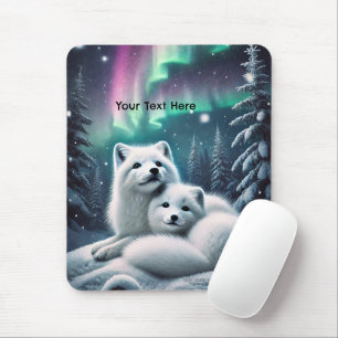 Loving Arctic Foxes Northern Lights Snowy Forest Mouse Mat