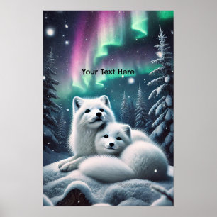Loving Arctic Foxes Northern Lights Snowy Forest Poster