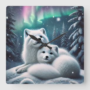 Loving Arctic Foxes Northern Lights Snowy Forest Square Wall Clock