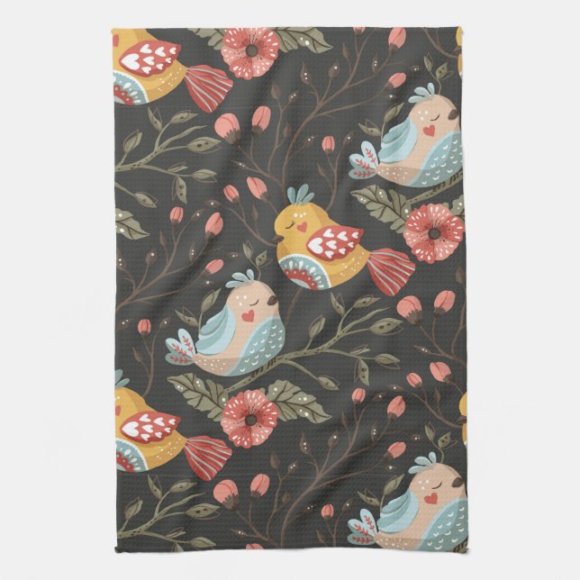 Loving Boho Birds Floral Pattern Tea Towel (Vertical)