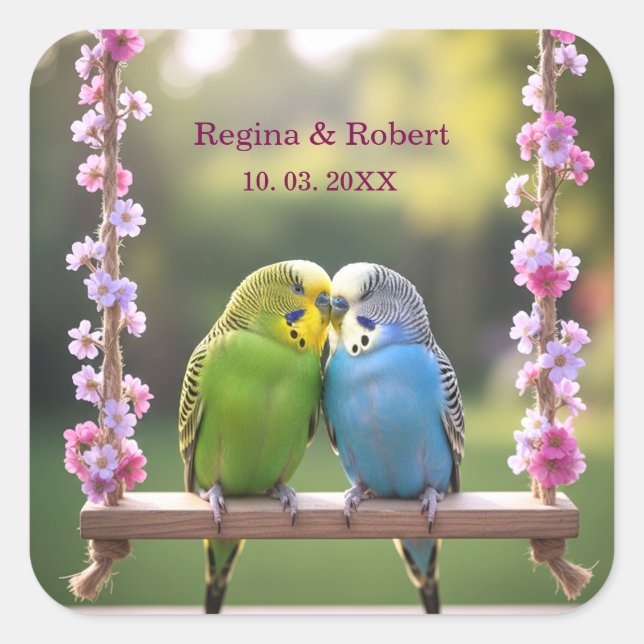 Loving Budgie Couple on Swing Custom Wedding Favor Square Sticker (Front)