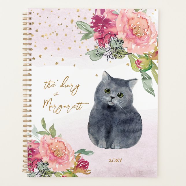 Loving Cat Illustration Flowers Girl's Daily Diary Planner (Front)