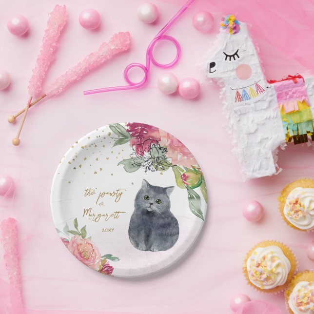 Loving Cat Illustration Happy Birthday Girl Party Paper Plate (Party)