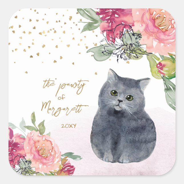 Loving Cat Illustration Happy Birthday Girl Party Square Sticker (Front)