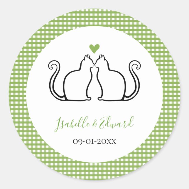 Loving Cats Heart Green & White Gingham Names Classic Round Sticker (Front)