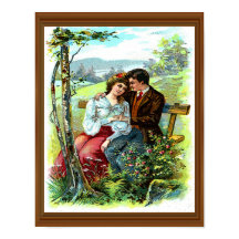 Loving Couple Vintage Hugging Bench Floral