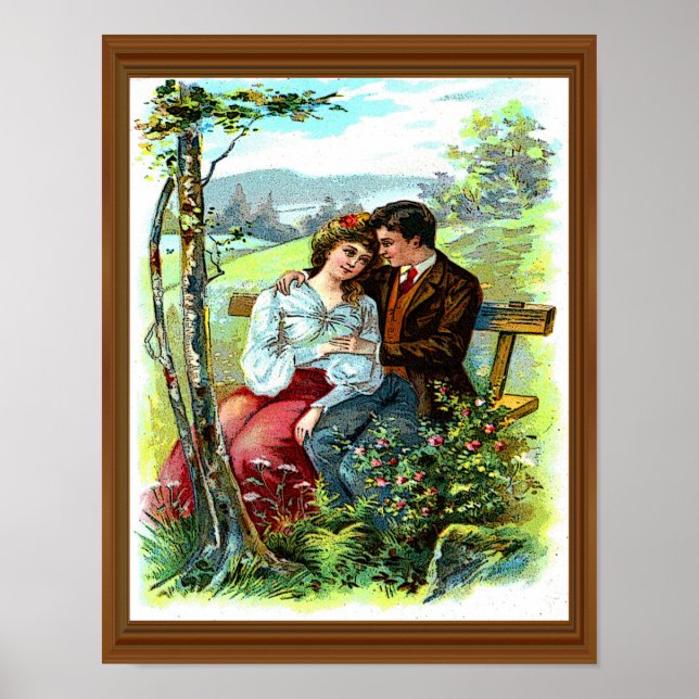 Loving Couple Vintage Hugging Bench Floral Poster (Front)