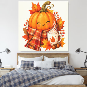 Loving Fall - Cute Smiling Pumpkin with Scarf Canvas Print
