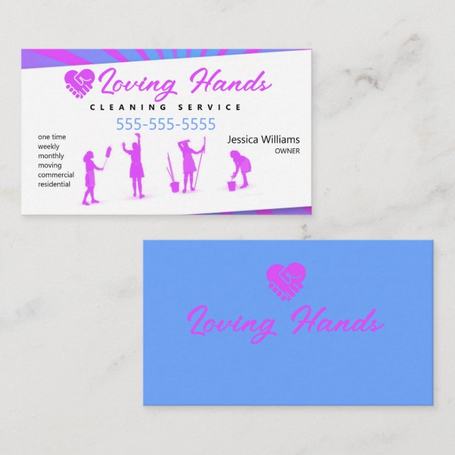Loving Hands Pink and Blue Cleaning Service Business Card (Front/Back)