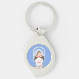 Loving Kawaii Virgin Mary with Heart – Sky Blue Key Ring