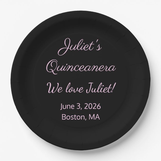 Loving Letters: Black & Pink Quinceanera  Paper Plate (Front)