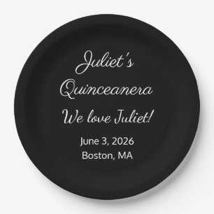 Loving Letters: Black & White Quinceanera Paper Plate